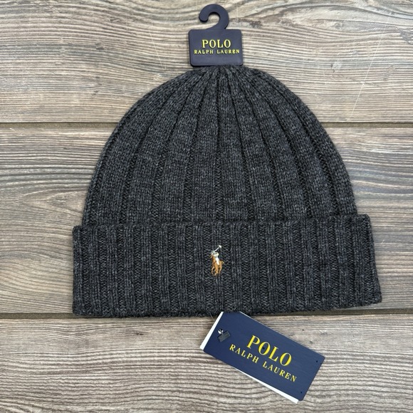 Polo Ralph Lauren Signature Merino Wool Blend Cuffed Beanie Charcoal Gray New - Picture 2 of 5